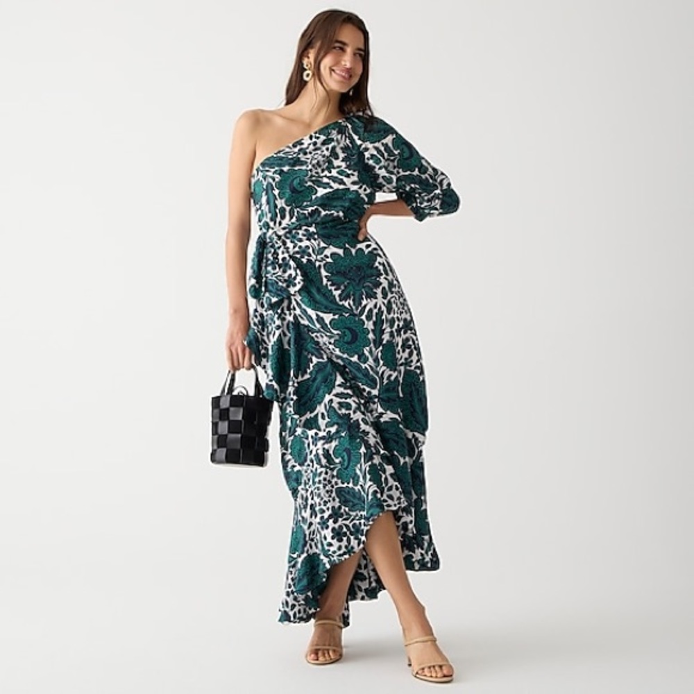 J Crew One-shoulder ruffle-hem dress in emerald floral
Item BK996